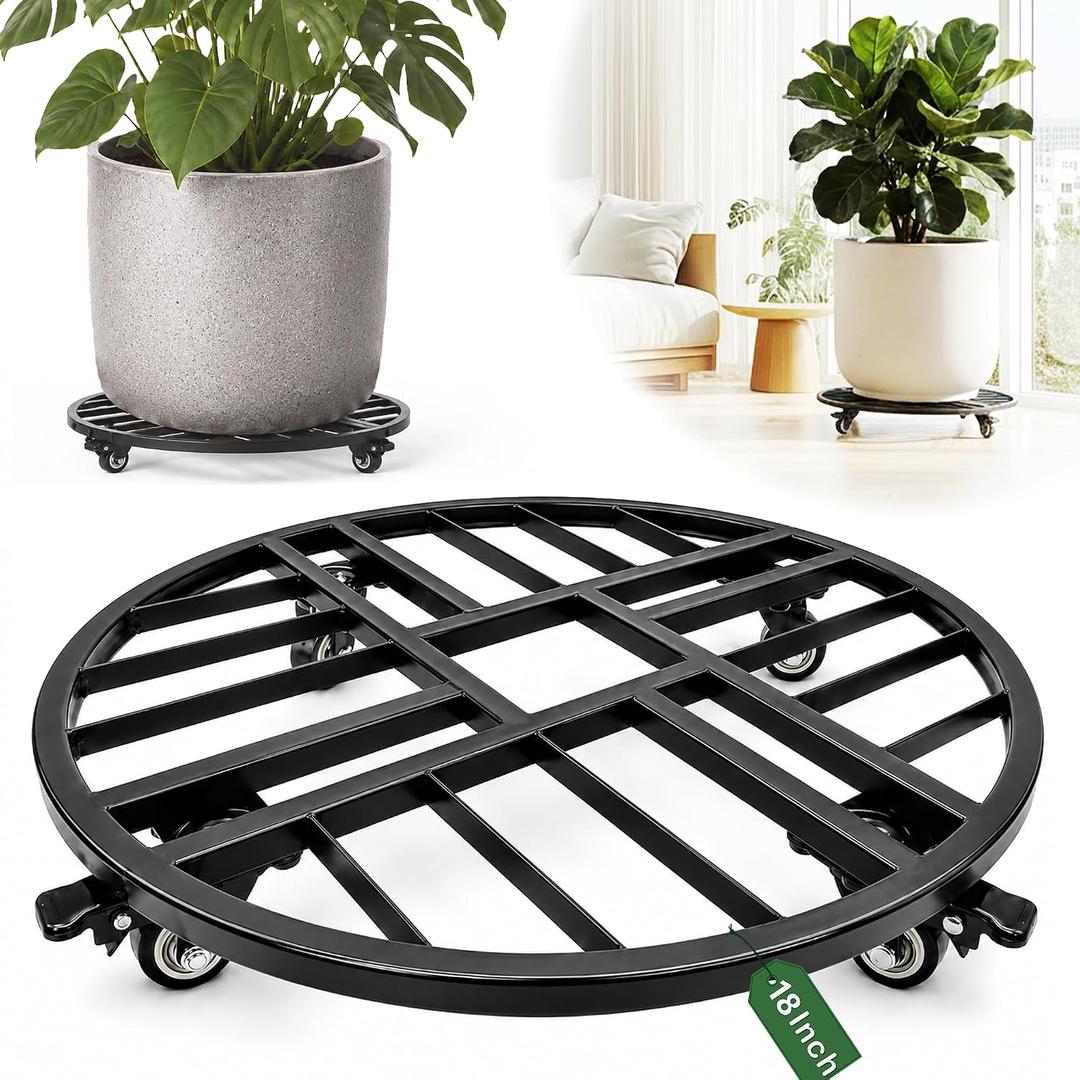 18" Round Metal Plant Caddy with Wheels Heavy Duty, 500lbs Capacity Rust-Proof Plant Stand with Lockable Caster Wheels, Rolling Plant Dolly for Large Planter Pots & Heavy Objects, Indoor Outdoor