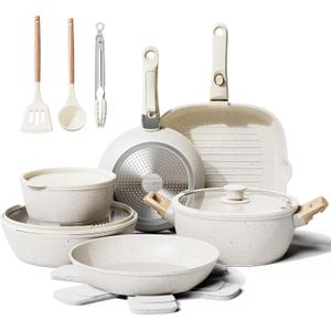19 Pcs Pots and Pans Set Non Stick Ceramic Cookware Set with Removable Handles, Non Toxic Induction Kitchen Cookware Sets RV Cookware,Dishwasher/Oven Safe PFAS/PTFE/PFOA Free Cream White