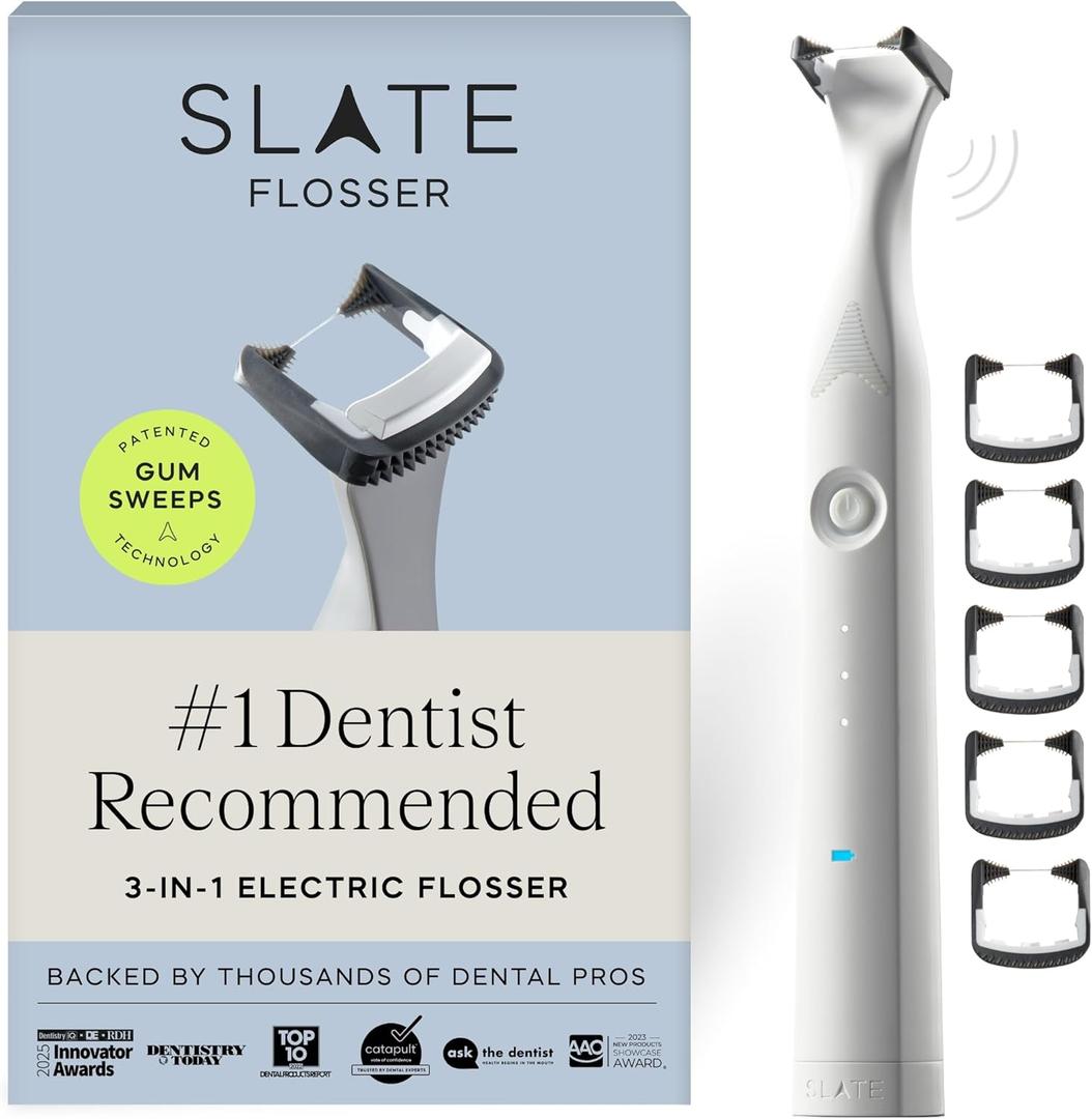 Slate Electric Flosser - Rechargeable | 3-in-1 Dentist-Invented with Reusable Floss Heads, Gum Brushes & Tongue Scraper | More Effective Than String or Water Floss (White)