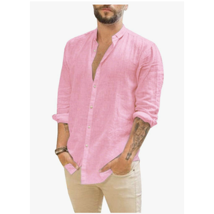 Makkrom Men Linen Shirt Button Down Long Sleeve Cotton Beach Band Collar Casual Summer Shirts, Size L