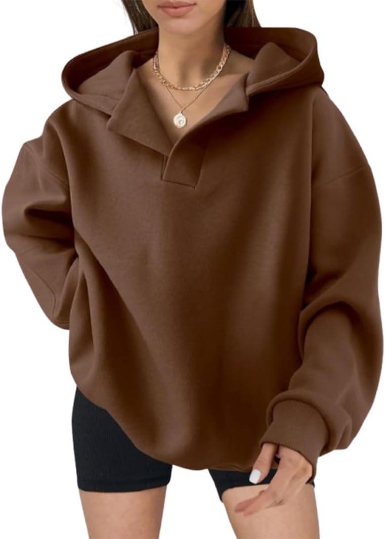 ZOCANIA Womens Hoodies Pullover Long Sleeve V Neck Sweatshirt Women Drop Shoulder Solid Color Women's Hoodie Casual Tops (Medium, Coffee)