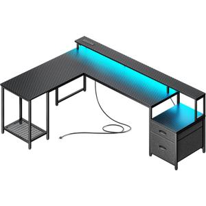 PRAISUN 66" L Shaped Gaming Desk with LED Lights & Power Outlets, Computer Desk with Fabric Drawers and Print Stand, Corner Office Desk, Monitor Stand, Mesh CPU Stand, Carbon Fiber Black