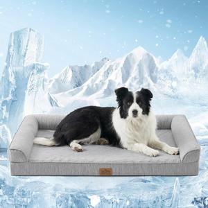 COZY KISS Cooling Dog Bed for Summer, Orthopedic Foam Dog Bed with Sides, Removable Washable Cover & Waterproof Lining, Q-Max >0.4 Cool Pet Beds for Large Dogs, Grey (42" L x 30" W x 7" Th)