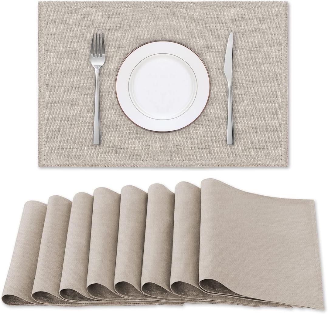 H.VERSAILTEX Linen Placemats Set of 8 Premium Solid Table Placemats for Dining Table Spill-Proof Waterproof Table Mats Heat-Resistant Kitchen Table Mats Washable, 12x18 inches, Taupe