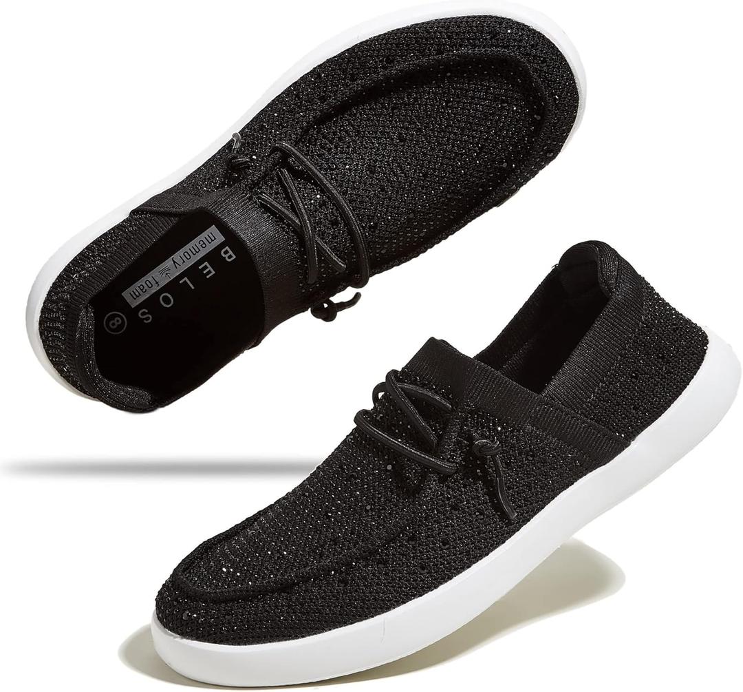 BELOS Women's Rhinestone Lace Up Loafers Shoes Comfortable Slip On Mesh Knit Walking Shoes Fashion Lightweight Sparkly Glitter Sneaker (11, Black)