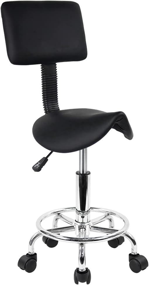 KKTONER Saddle Stool with Foot Rest PU Leather Swivel Adjustable Rolling Stools with Back Support Facial Salon Kitchen Chair (Black)