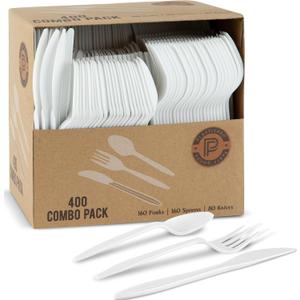 PLASTICPRO 400 Pack Disposable Plastic Utensils Assorted Colored Cutlery Combo Set Forks Spoons Knives Silverware, White Plastic Cutlery for Parties