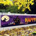 Happy Halloween Banner Halloween Decorations Outdoor Yard Banner Purple Moon Scene Witch Pumpkin Ghost Skull Bat Backdrop 118x20 Inch for Fence Garden Porch Party Wall Decor