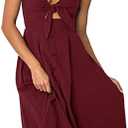 ECOWISH Women 2025 Summer Dresses Tie Front V-Neck Spaghetti Strap Button Down A-Line Backless Swing Midi Dress, Red, XL