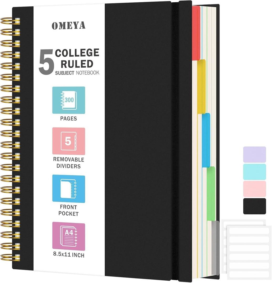 Spiral Notebook 8.5" x 11", 5 Subject Notebooks College Ruled with Removable Dividers, 300 Pages 100GSM Thick Spiral Writing Journal for Women & Men, Large A4 Lined Journal Notebooks for Work, School