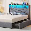 Driftalia Full Size Bed Frame with 4 Storage Drawers, Upholstered Full Bed Frame with LED Lights Headboard and Charging Station, No Box Spring Needed, Easy Assembly - Light Grey