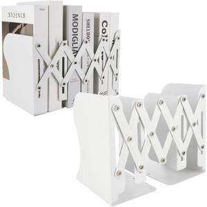 SHUESS 2 Pack Adjustable Bookends, Expandable Metal Book Holder With 2 Dividers, White Stoppers for Heavy Duty Books, Desk Ends for Shelves, Office & School