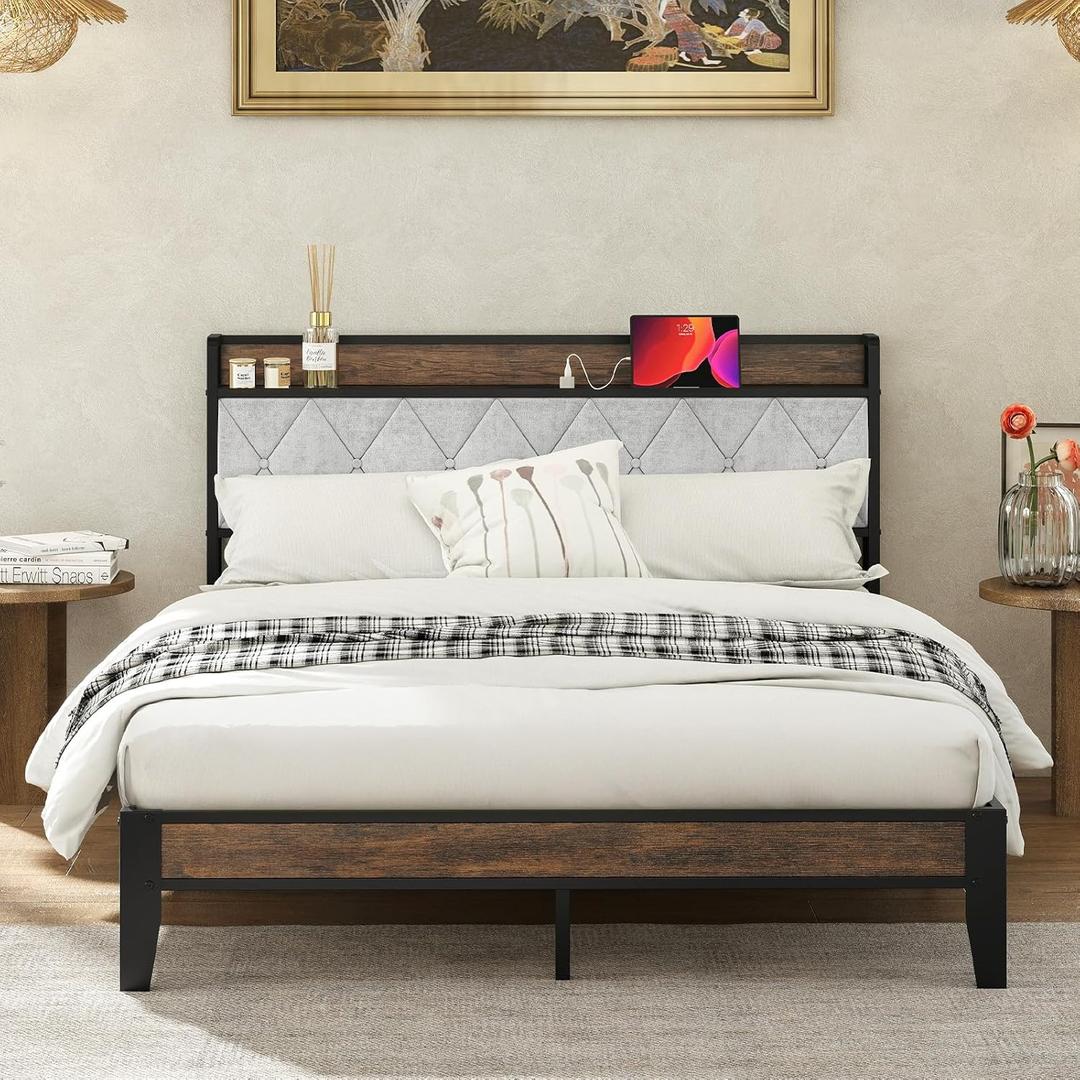 Sweetcrispy Queen Bed Frame with Headboard, Storage Headboard with USB Charging Station, Durable Squeak-Free Frame, Simple No-Tool Assembly, Works with Queen Mattress No Box Spring Needed