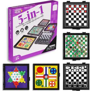 5 in 1 Small Magnetic Checkers Board Game Set Travel Game Road and Flight Trip Essentials Magnetic Travel Chess Checkers for Trip Camping Activities Party Game for Adults and Teens