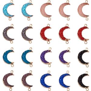 FASHEWELRY 50Pcs Resin Druzy Moon Luna Crescent Pendant Links Mixed Colors Double Loops Faux Quartz Stone Charms Connectors 26-28x15-16mm for Jewelry Craft Making