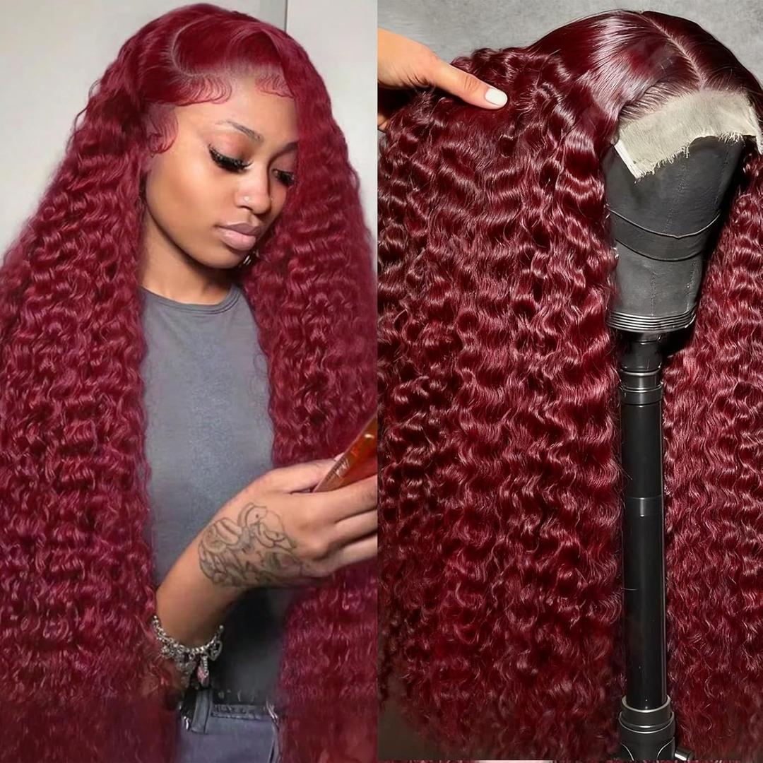 22 Inch Wigs Human Hair 99j Burgundy 5x5 HD Transparent Deep Wave Lace Front Wigs Human Hair 180 Density Pre Plucked Brazilian Virgin Red Wig Human Hair For Black Women