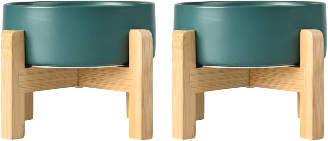 SPUNKYJUNKY Ceramic Elevated Dog Bowls 2 Pack - 8.3inch Raised Dog Bowls with Non-Slip Wooden Stand for Large Dogs Dishwasher Safe (Green,60OZ*2)
