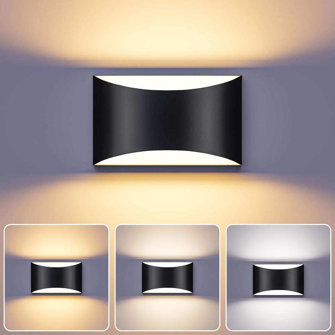 TingMiao Black Modern LED Wall Sconce, 3 Colors Indoor Wall Lights, 10W Hardwired Up and Down Aluminum Wall Mount Lamp for Bedroom Living Room Hallway Corridor (Black, 1 Pack)