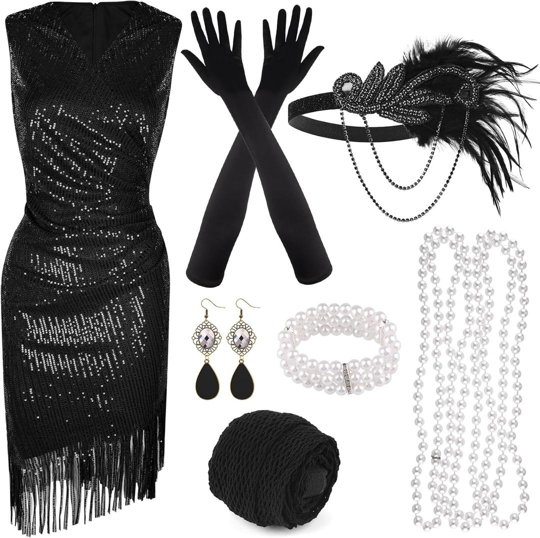 PLULON 1920s Sequin Beaded Fringed Dress with Roaring 20s Accessories Set V Neck Gatsby Dress with Feather Headpiece (XLarge, Black)