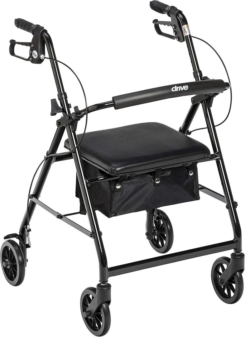 Drive Medical Aluminum Rollator Walker - Fold Up & Removable Back Support - Padded Seat - 6 Inch Wheels - Lightweight Portable Design - Indoor Outdoor Mobility Aid - Black (1 Count (Pack of 1))