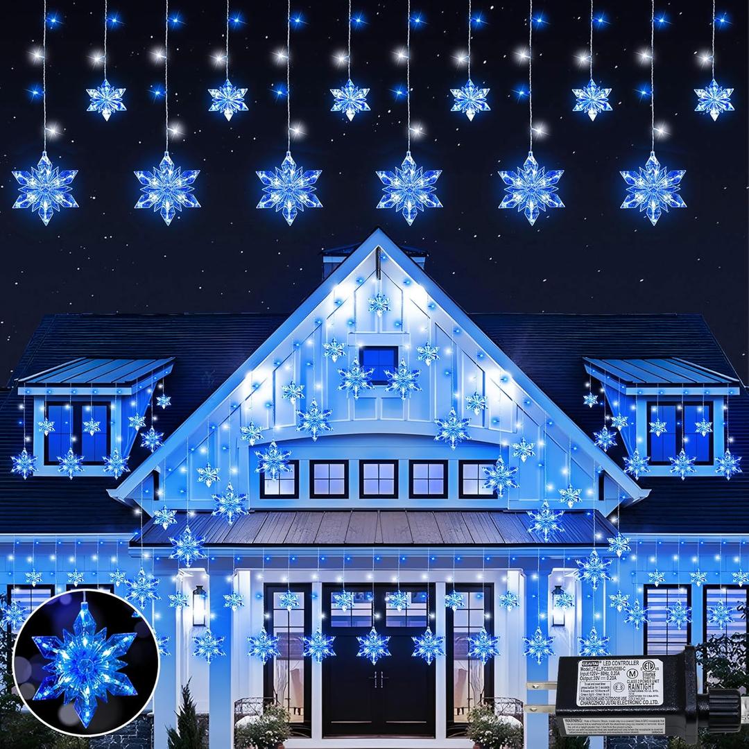 Christmas Snowflake Lights,8.2ft 144LED Curtain Icicle Lights with 12 Drops,Connectable 8 Modes Timer Xmas Icicle Light Plug in for Bedroom,Window,Wedding,Indoor Outdoor Decor,Blue White