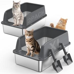 2PACK Stainless Steel Litter Box, Extra Large Litter Boxes for Big Cats, XL Metal Cat Litter Box with Lid High Sides, Anti-Urine Leakage, Non-Sticky, Scoop Included