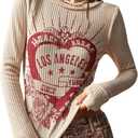 Women's Letter Graphic Tees Waffle Knitted Crew Neck Long Sleeve T Shirts Crop Tops (Beige, S)