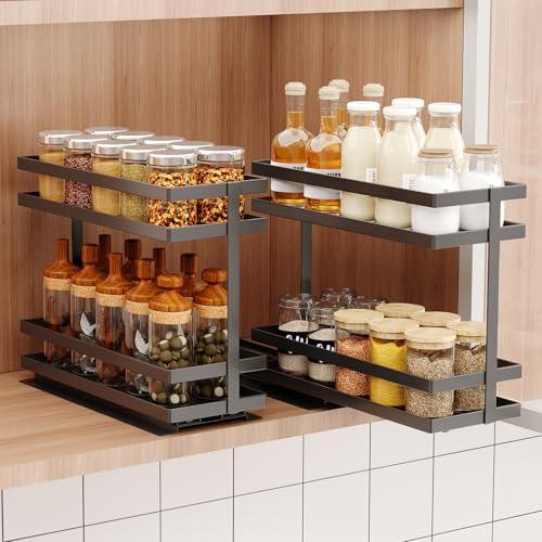 Mustorn 2 Pack Pull Out Spice Rack Organizer for Cabinet, 2 Tier Metal Slide Out Seasoning Organizer and Storage Heavy Duty Vertical Spice Rack Shelf Pullout for Kitchen Cabinets No Drilling (Black)