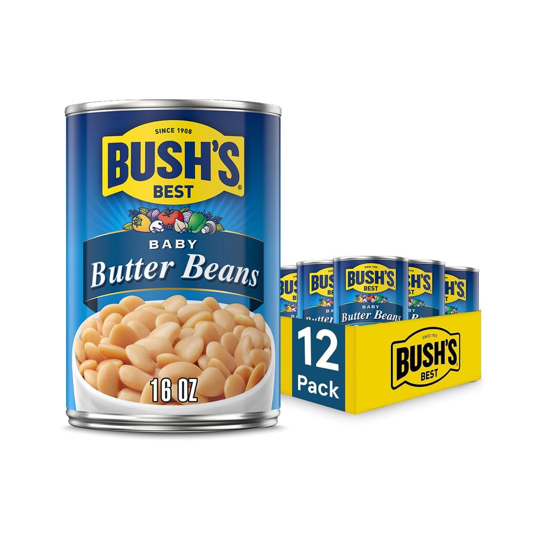 BUSH'S BEST 16 oz Canned Baby Butter Beans, Source of Plant Based Protein and Fiber, Low Fat, Gluten Free, (Pack of 12) (EXP 11/30/27)