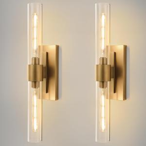 Champagne Brass Bathroom Wall Sconce - Set of 2 Modern Gold Light Sconces - Clear Glass Tube Vanity Lights - Vertical or Horizontal Mounted Dimmable Lighting Fixtures for Indoor Living Room Hallway, 2 Pack