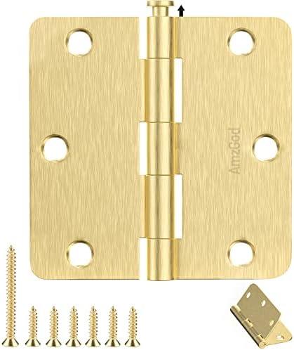 AmzGod Door Hinges Satin Brass - 30 Pack Gold Door Hinges 3.5 Inch Rounded Interior Door Hinge with 1/ 4" Radius - 3 1/ 2 Inches Flat Iron Brass Hinges for Residential Standard Doors