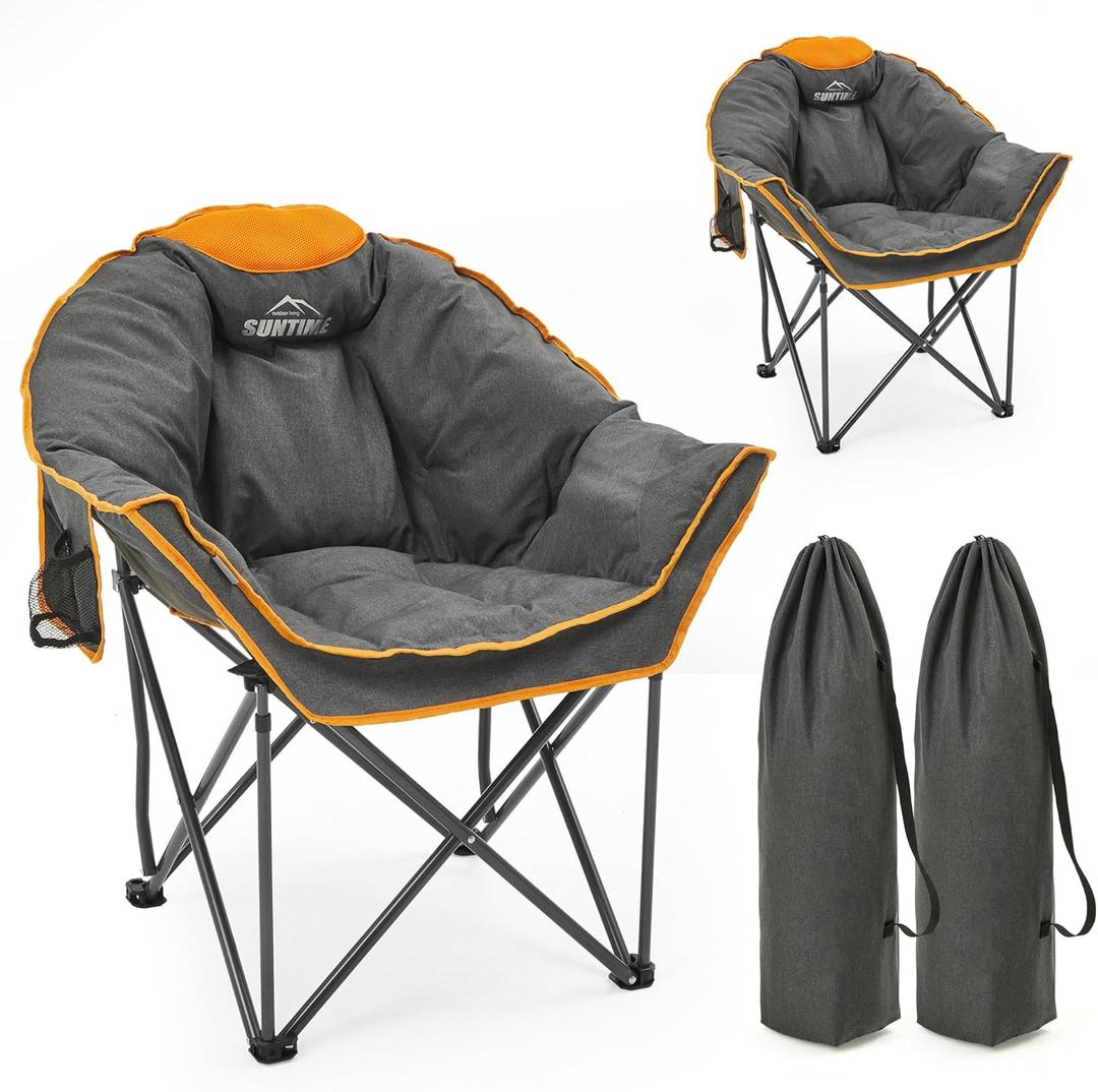 Oversized Padded Comfy Camping Chair for Adults, Portable Padded Lawn Chair, Weight Capacity 450 LBS, Heavy Duty Moon Leisure Folding Chair for Camping, Hiking, Carry Bag,Orange (2 Pack), 10.04 inches x 36.6 inches x 13.39 inches