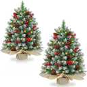 2 Pack 24 Inch Snow Flocked Christmas Tree Decor with 50 Warm Lights Timer Battery Operated Red Berries Pine Cones for Tabletop Christmas Decorations Home Indoor (Style 2)