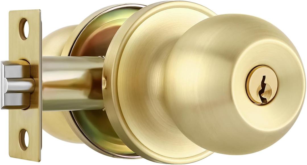 Leydebong 1 Pack Keyed Entry Door Knobs, Gold Door Knobs with Lock and Key, Exterior/Interior Locking Door Handles with Keys (Satin Brass)
