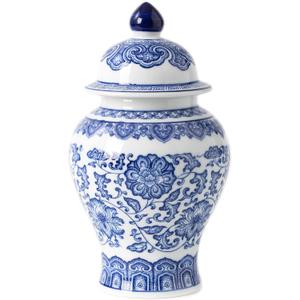 Blue and White Ginger Jar, Ceramic Chinoiserie Decorative Jars for Home, Office, Flower Vase Pocelain, Glossy Vase for Table, Living Room, Bookshelf, Mantle Fireplace, Centerpieces, 9.8"H