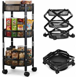 3 Tier Rolling Utility Cart with Wheels, Foldable Storage Cart Organizer, Collapsible Metal Rolling Trolley, Space Saving Kitchen Cart, Bathroom Organizer, Laundry Cart, Office Storage, Black