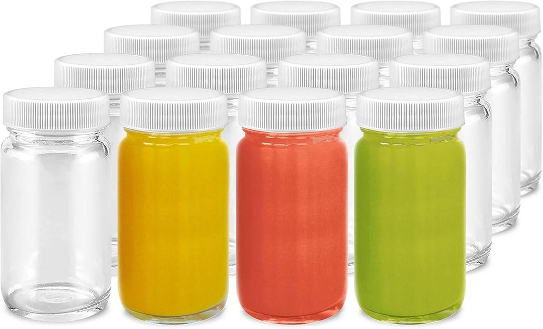 Glass Juice Shot Bottles Set - Wide Mouth for Juicing, Beverage Storage, Liquids, 2 oz, Clear with White Caps, Reusable, Leak Proof, Jars (16 pack)