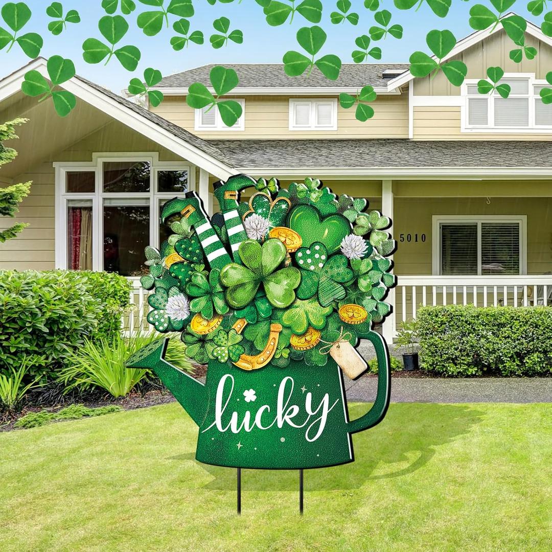 Metal St Patricks Day Decoration Outdoor Green Shamrock Leprechaun Yard Sign Stake 14.2 Inches Welcome Irish Mason Jar Yard Decor Clover Lawn Decor for Home Garden Patio Lawn