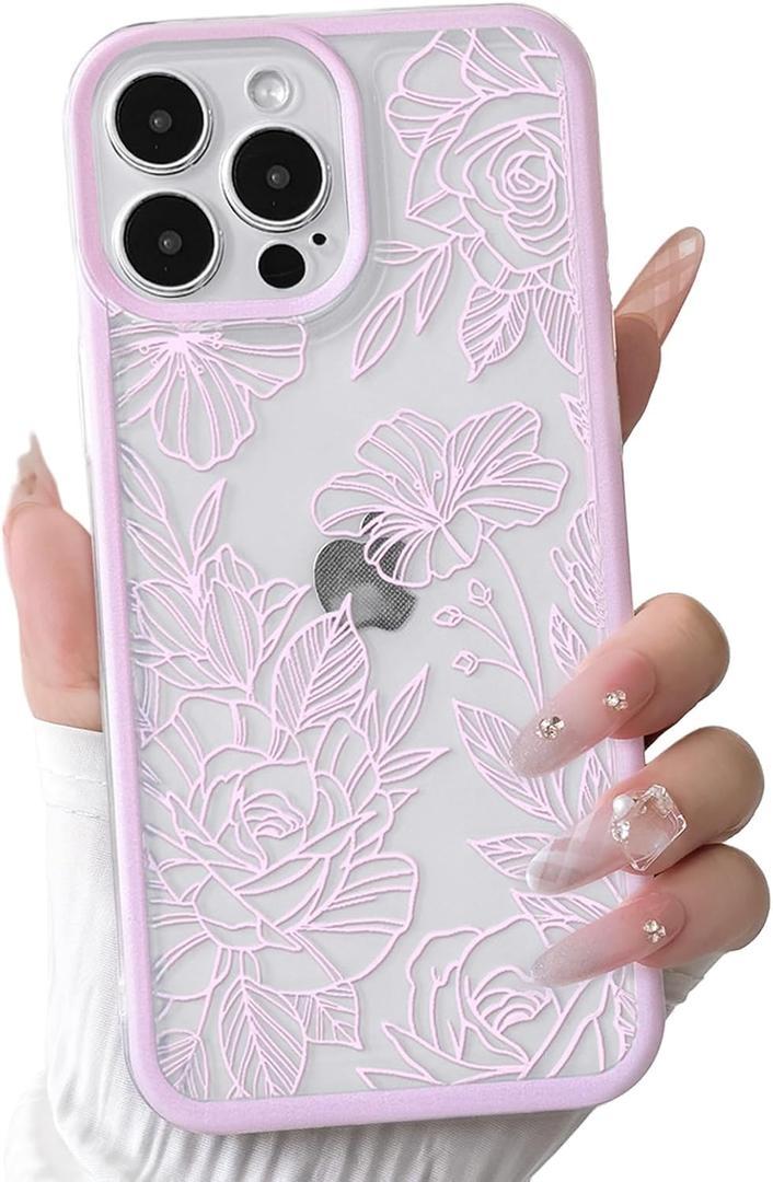 NITITOP Compatible with iPhone 13 Pro Max Case Clear Cute Line Rose Flower Floral Pattern for Women Girls Color Frame Slim Shockproof Protective Phone Cover - Pink
