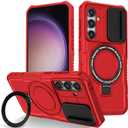 Case for Samsung Galaxy S24, Premium Slim Shockproof Cover with 360 Rotatable Invisible Magnetic Kickstand and Slide Camera Lens Cover Case for Samsung Galaxy S24-Red