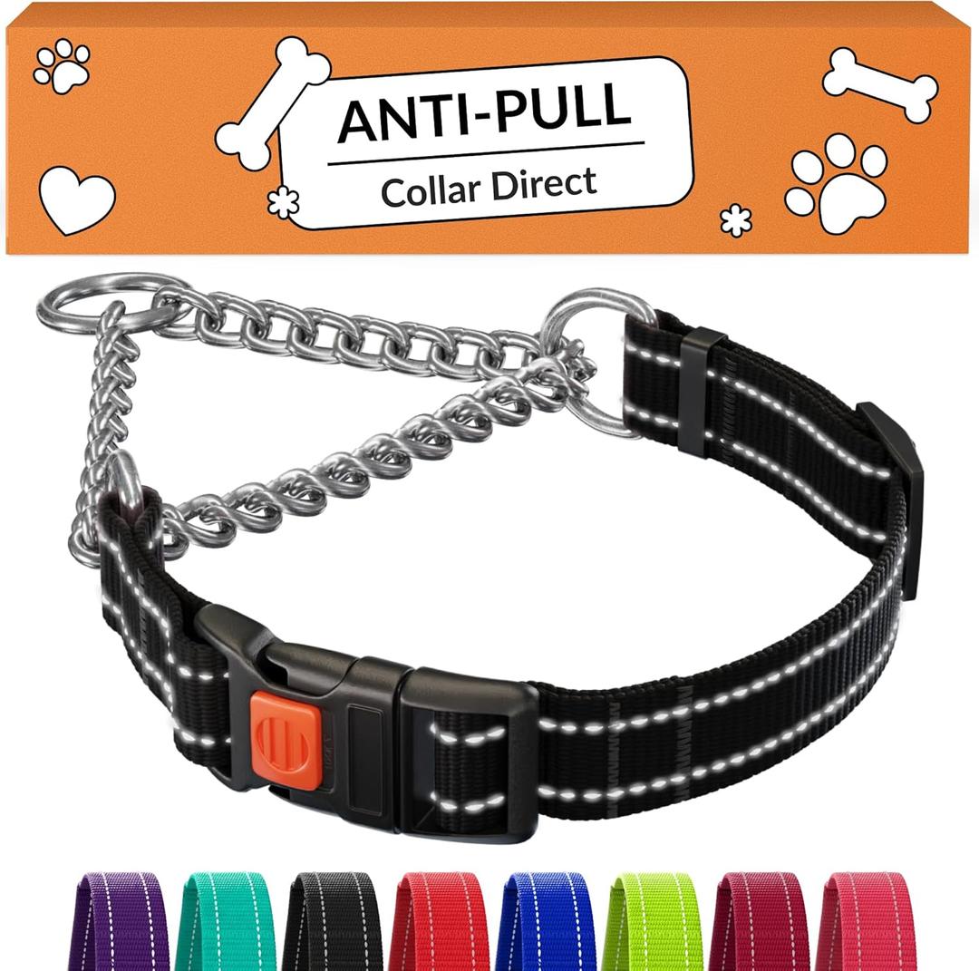 CollarDirect Martingale Dog Collar with Stainless Steel Chain and Quick Release Buckle - Reflective Collar for Large, Medium, Small Dogs - Black, Large (Neck Size 17"-22")