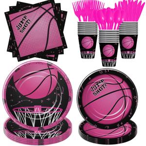 APOWBLS Girl's Basketball Party Decorations Supplies for Birthday Baby Shower, Sports Theme Pink Basketball Birthday Decorations Tableware, Paper Plate, Cup, Napkin, Disposable Cutlery, Serves 24