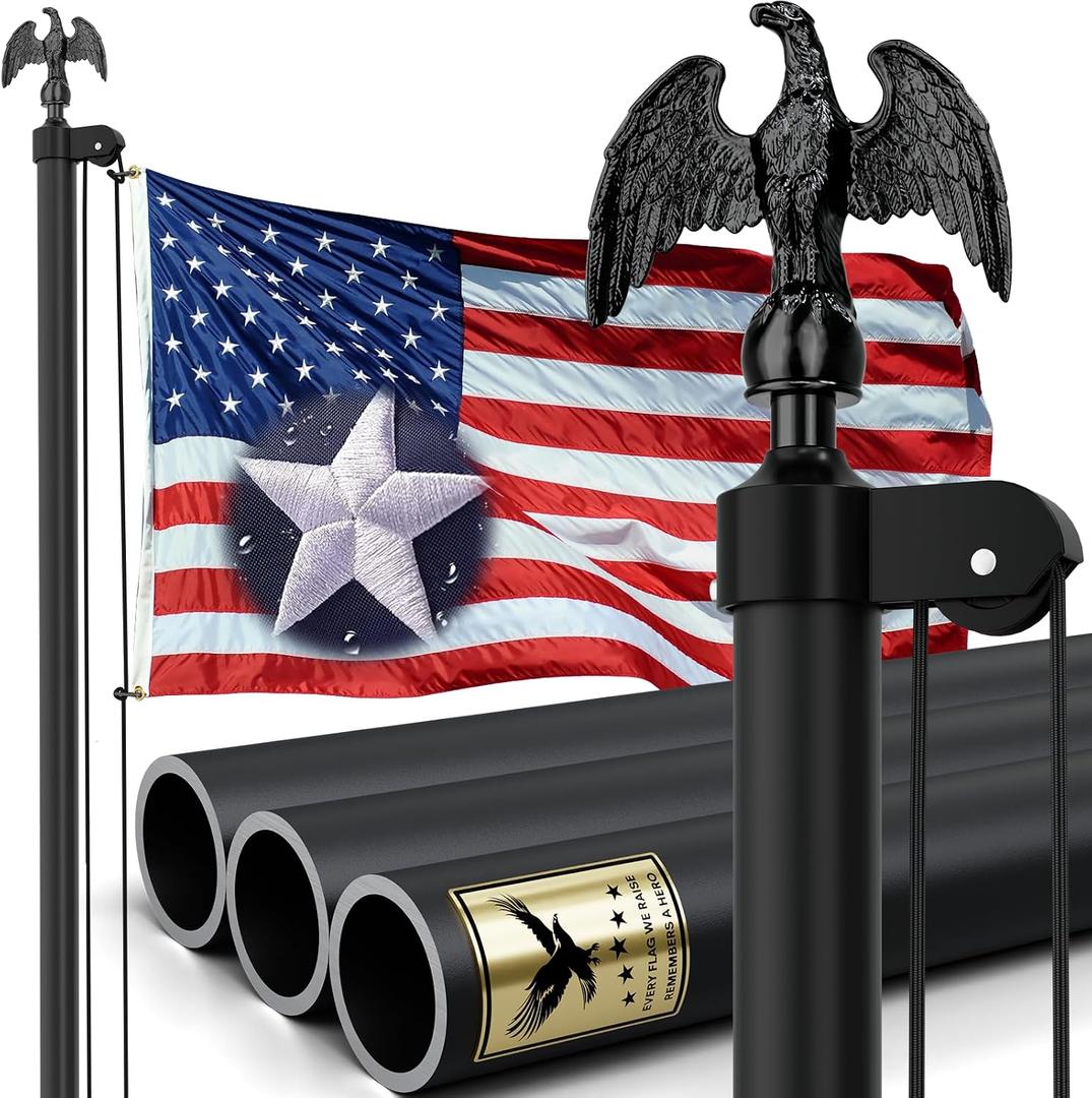 25FT Heavy Duty Flag Pole, 11 Gauge & 2-1/2'' Bottom Tube Aluminum | Complete Residential Flagpole Kit USA Flag,Eagle Top & All Hardware to Fly Two Flags Ideal for Patriotic Displays & Gifts