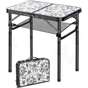 Outdoor Side Table, Portable 3 Adjustable Height Small Outdoor Folding Table, Aluminum Foldable Patio Side Tables for Outside Indoor, Plant Stand Coffee End Table for Pool, Porch,Garden, Balcony, Toile De Jouy