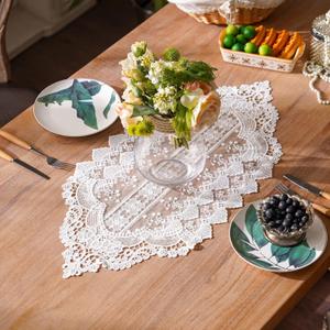 SUTAVIA White Lace Small Table Runner Exquisite Embroidery Floral Rectangular Elegant Dresser Scarf Shabby Chic Rustic Decoration for Home Kitchen Holiday Wedding Party Living Room (White, 13"x27")