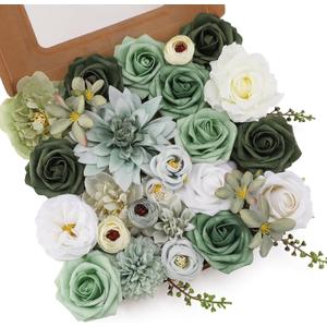 Floweroyal Artificial Flowers Combo Green Flowers Mix Silk Flowers Dahlia Roses with Stems for DIY Wedding Bridal Bouquets, Baby Shower, Floral Arrangement, Table Centerpieces, Home Decorations. (Forest Green)