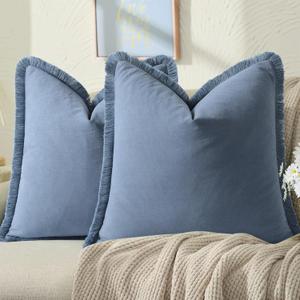 ZWJD Pillow Covers 22x22 Set of 2 Blue Throw Pillow Covers with Fringe Chic Cotton Decorative Pillows Square Cushion Covers for Sofa Couch Bed Living Room Farmhouse Boho Decor