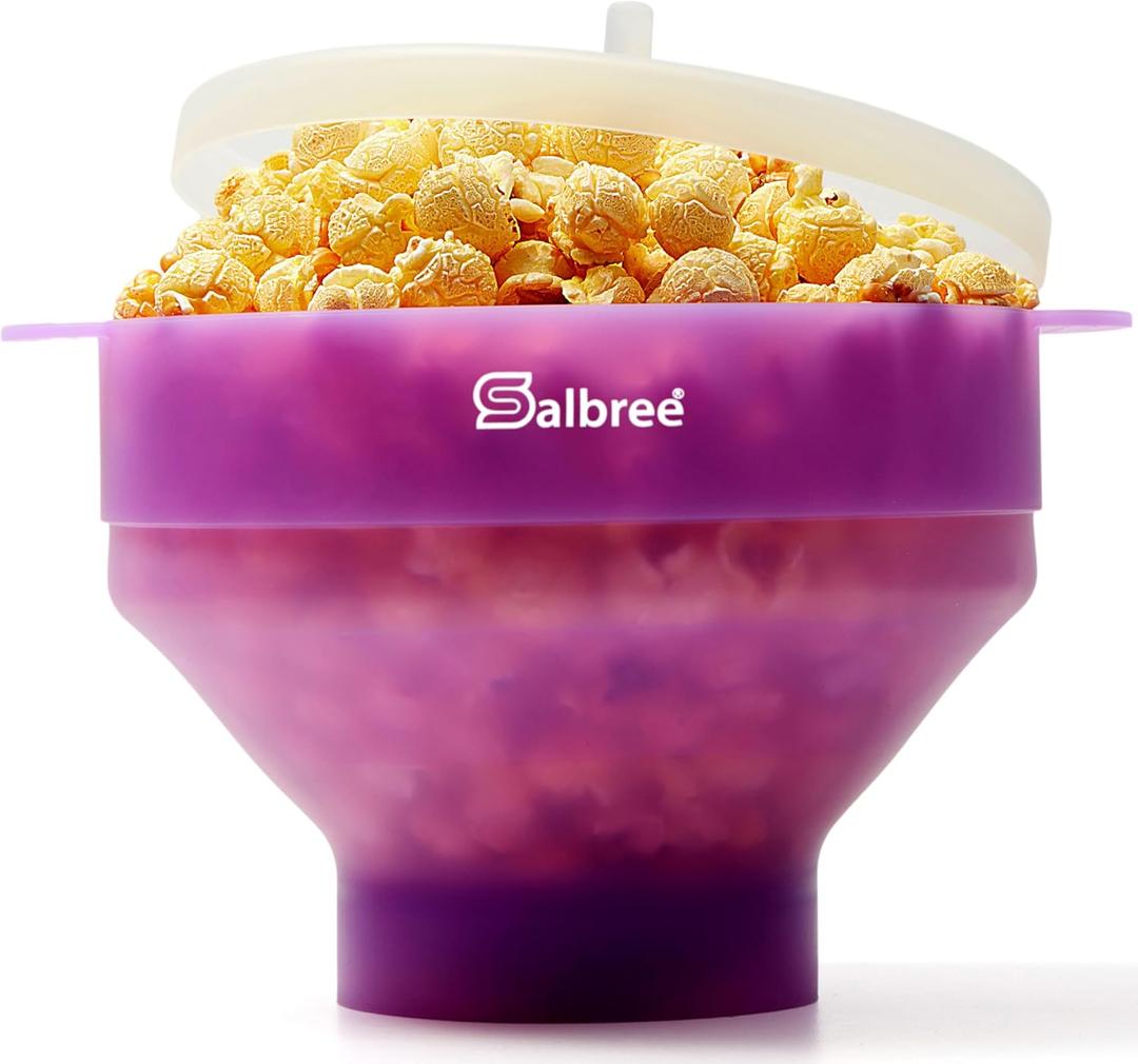 The Original Salbree Collapsible Silicone Microwave Popcorn Popper Maker Machine, Microwavable Bowl Holds 16 Cups, Uses Hot Air and Oil Always Optional - (Clear Purple)