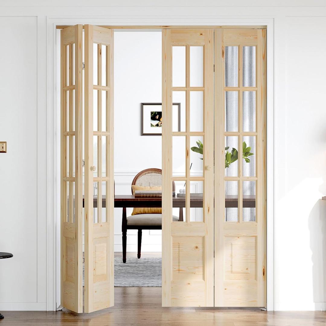 Bifold Doors for 60"80" Opening, Clear Glass French Interior Folding Barn Door with Concealed Hardware Kit Included, Spruce Wood Support DIY Dyeing, Preassembled Door, Save Space