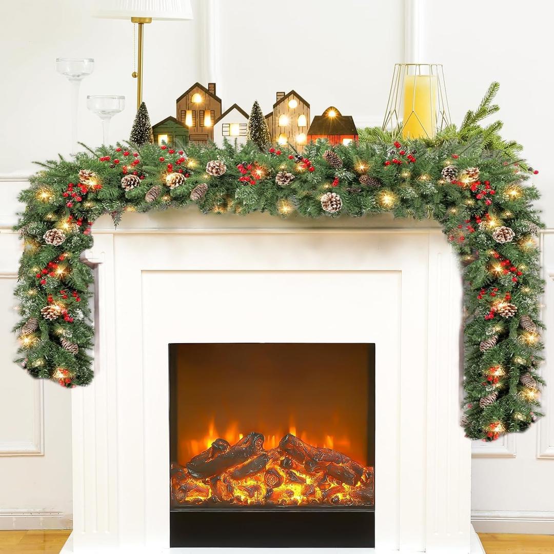 Aokia 9FT Christmas Garland With 50 LED Lights, Pre-Lit Decorated Pine Garland With Cones, Red Berries and Ball Ornaments for Indoor Home Winter Holiday New Year Xmas Decorations